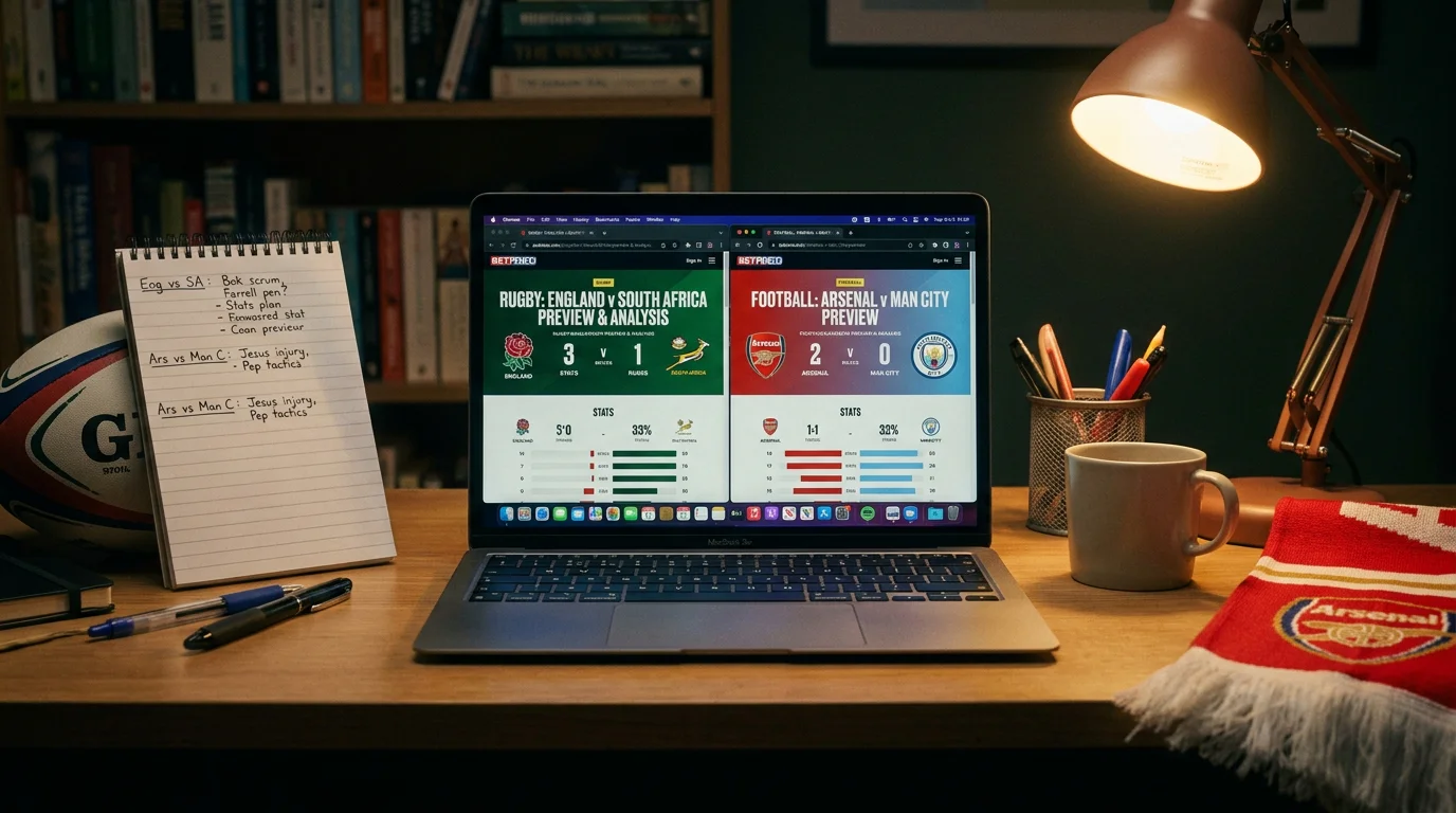 Desk with both rugby and football match previews open on a laptop screen