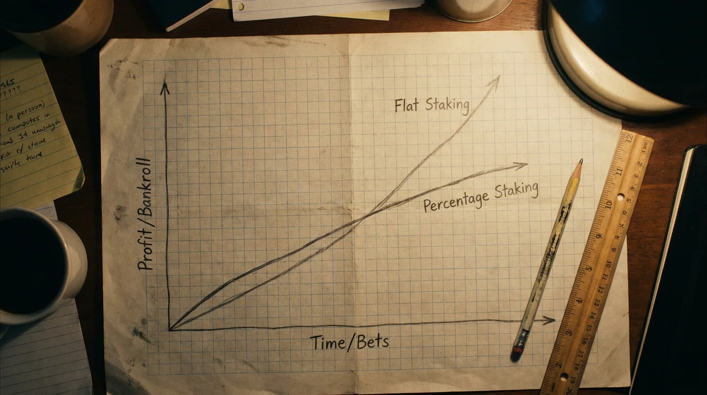 Simple hand-drawn chart comparing flat and percentage staking outcomes over time