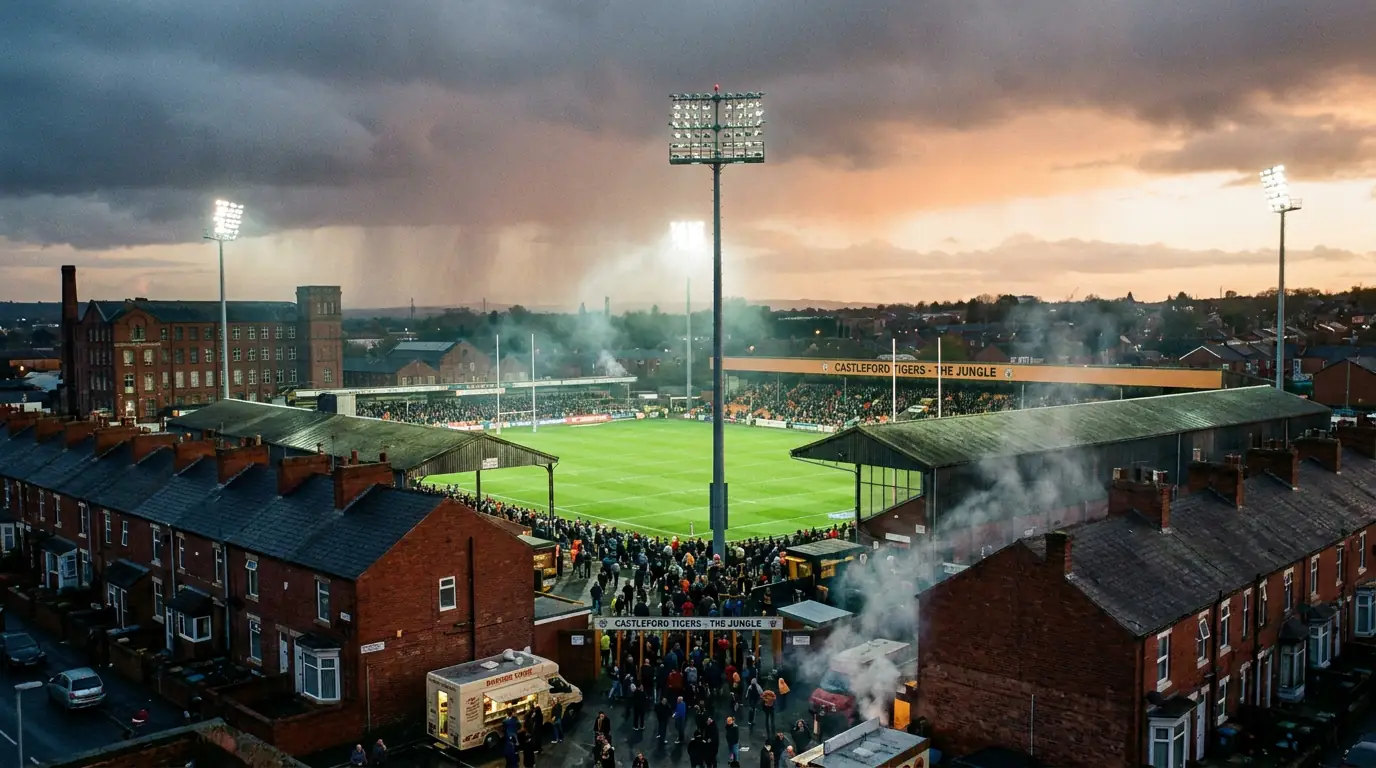 Super League rugby stadium in northern England on a match evening