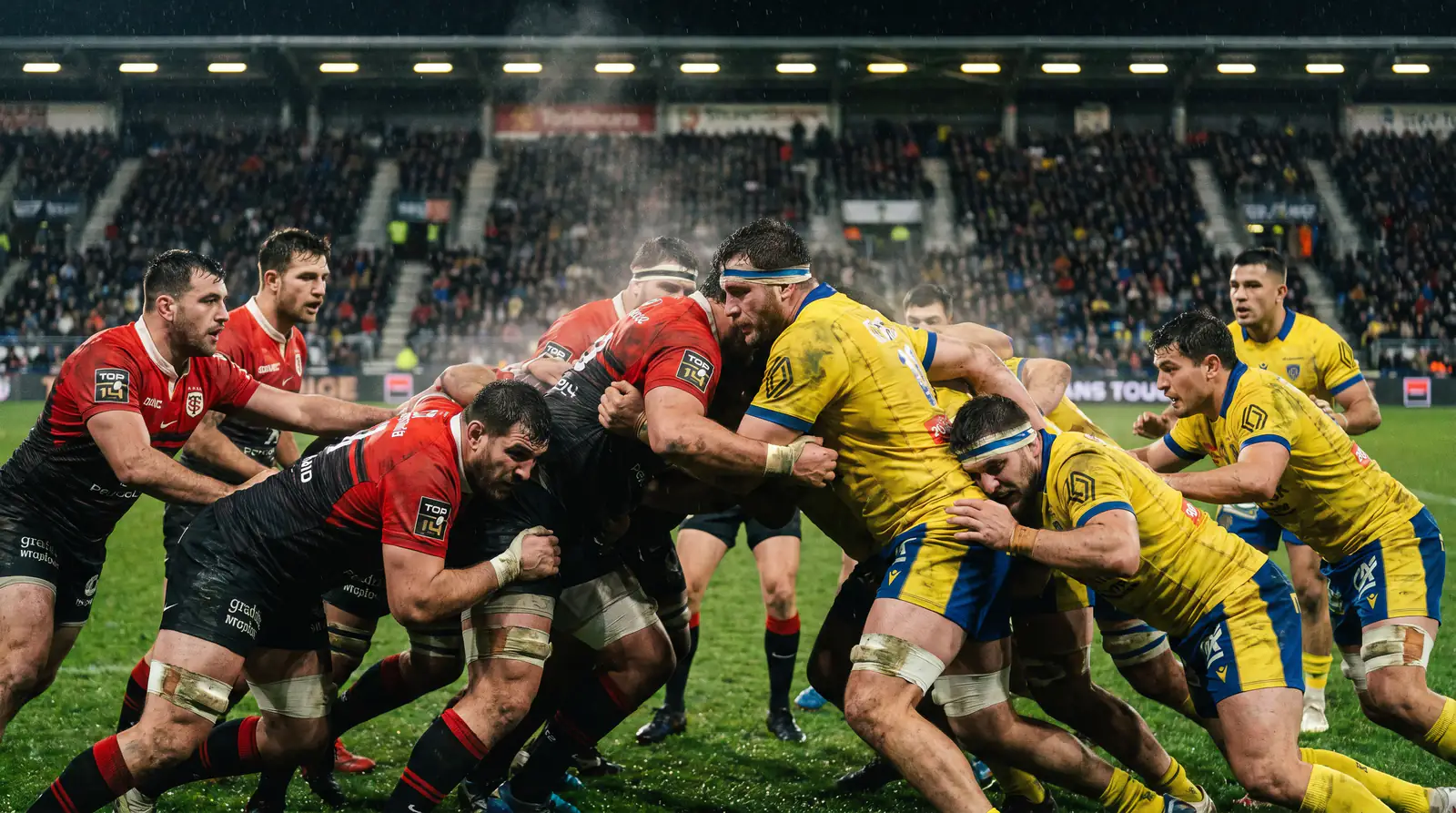 Intense forward battle during a Top 14 match with French club rugby physicality