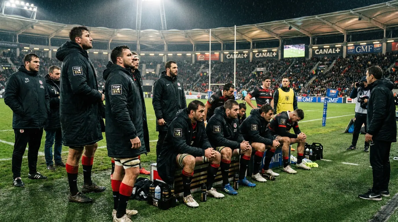 Top 14 team bench with rotated squad members watching from the sideline