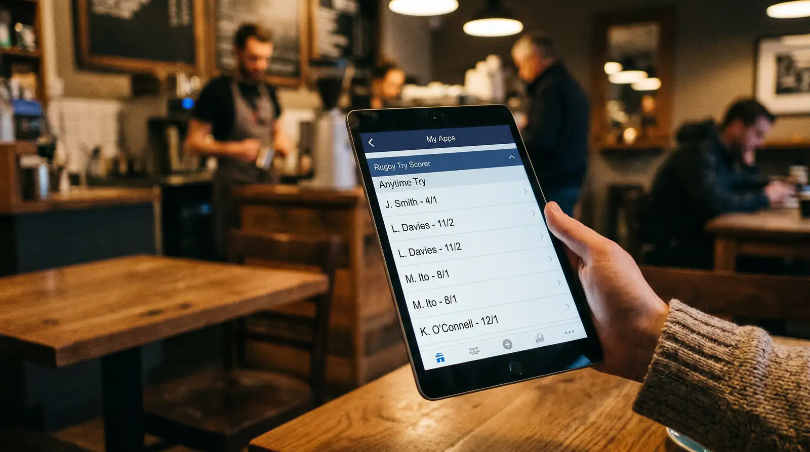 Sportsbook screen showing anytime try scorer odds for a rugby match