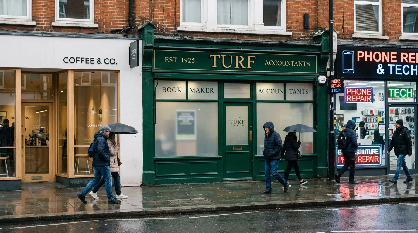 Busy UK high street with traditional bookmaker shop alongside modern storefronts
