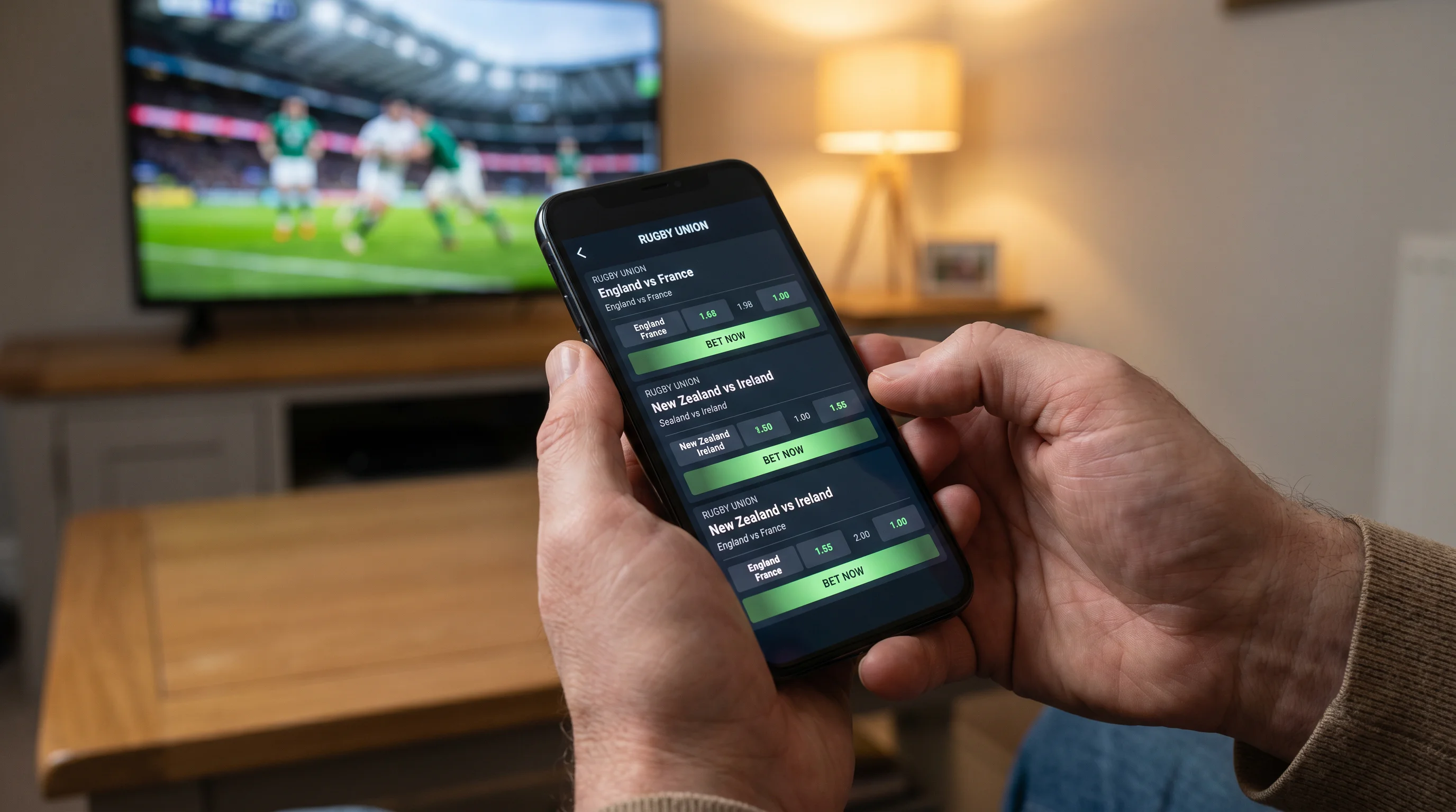 Person placing a rugby bet on a smartphone app