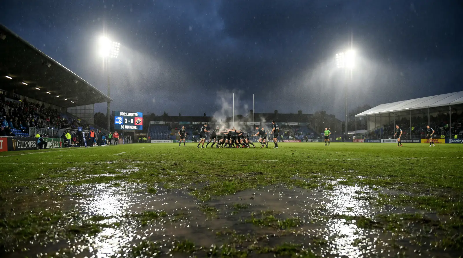 Cold and wet European rugby ground during a winter URC fixture