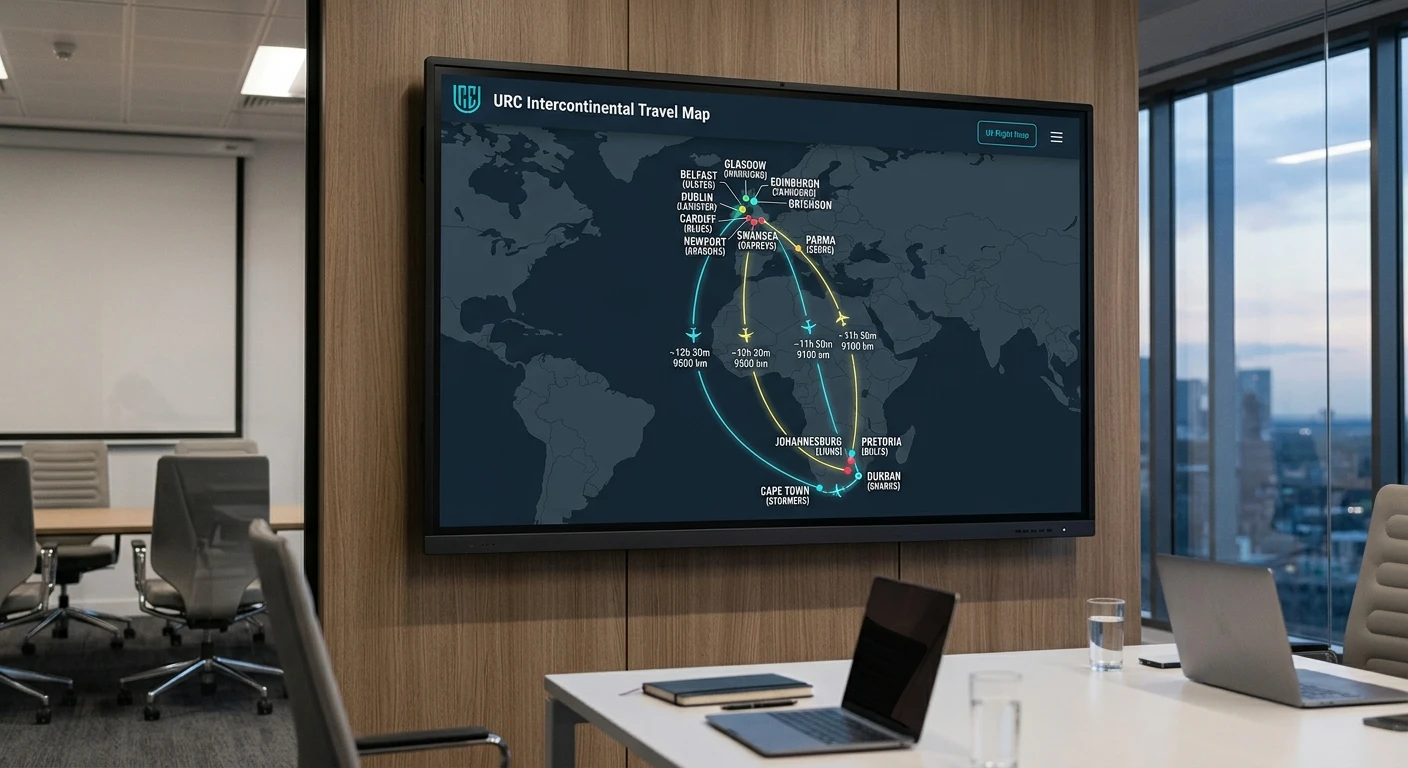 Flight path map showing intercontinental travel routes between URC team locations