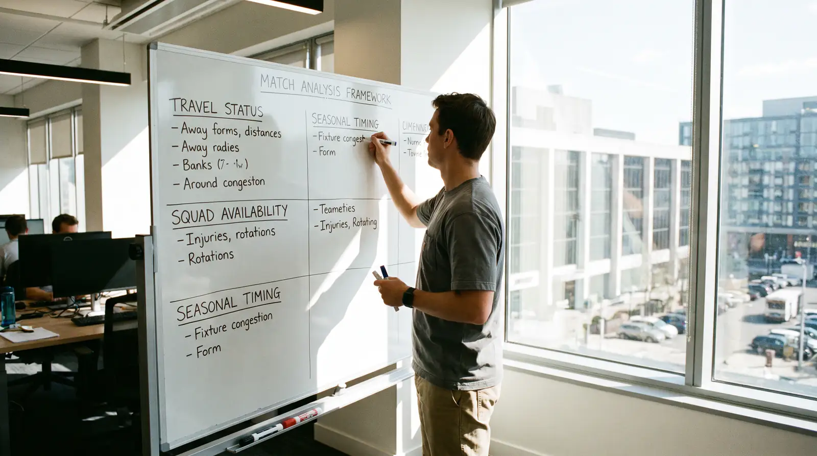 Person writing a match analysis framework on a whiteboard with travel and squad variables