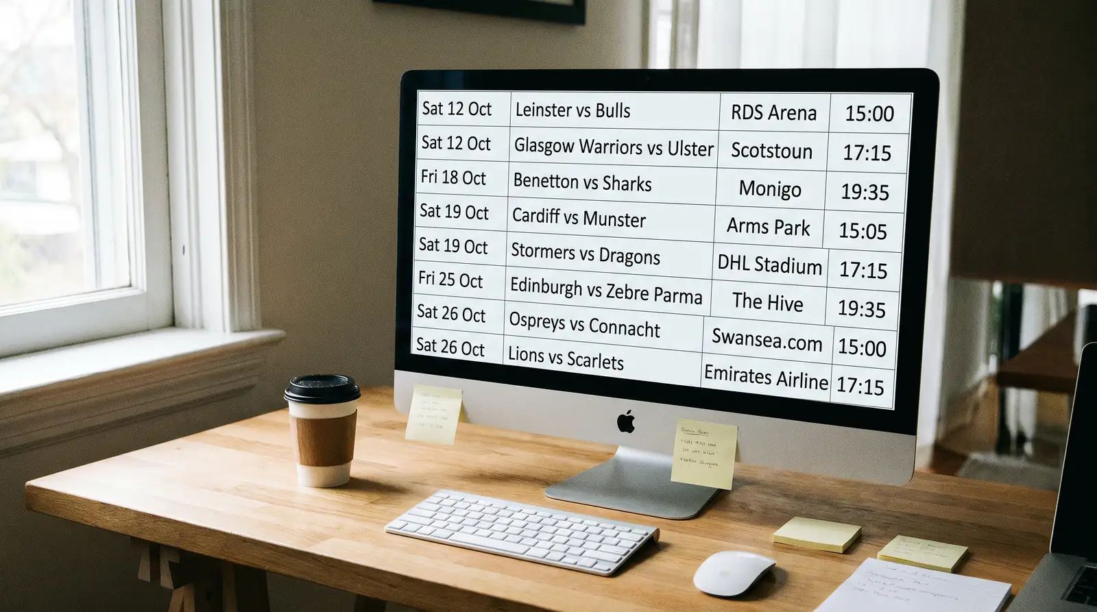 Fixture schedule showing URC matches across five different nations on a screen