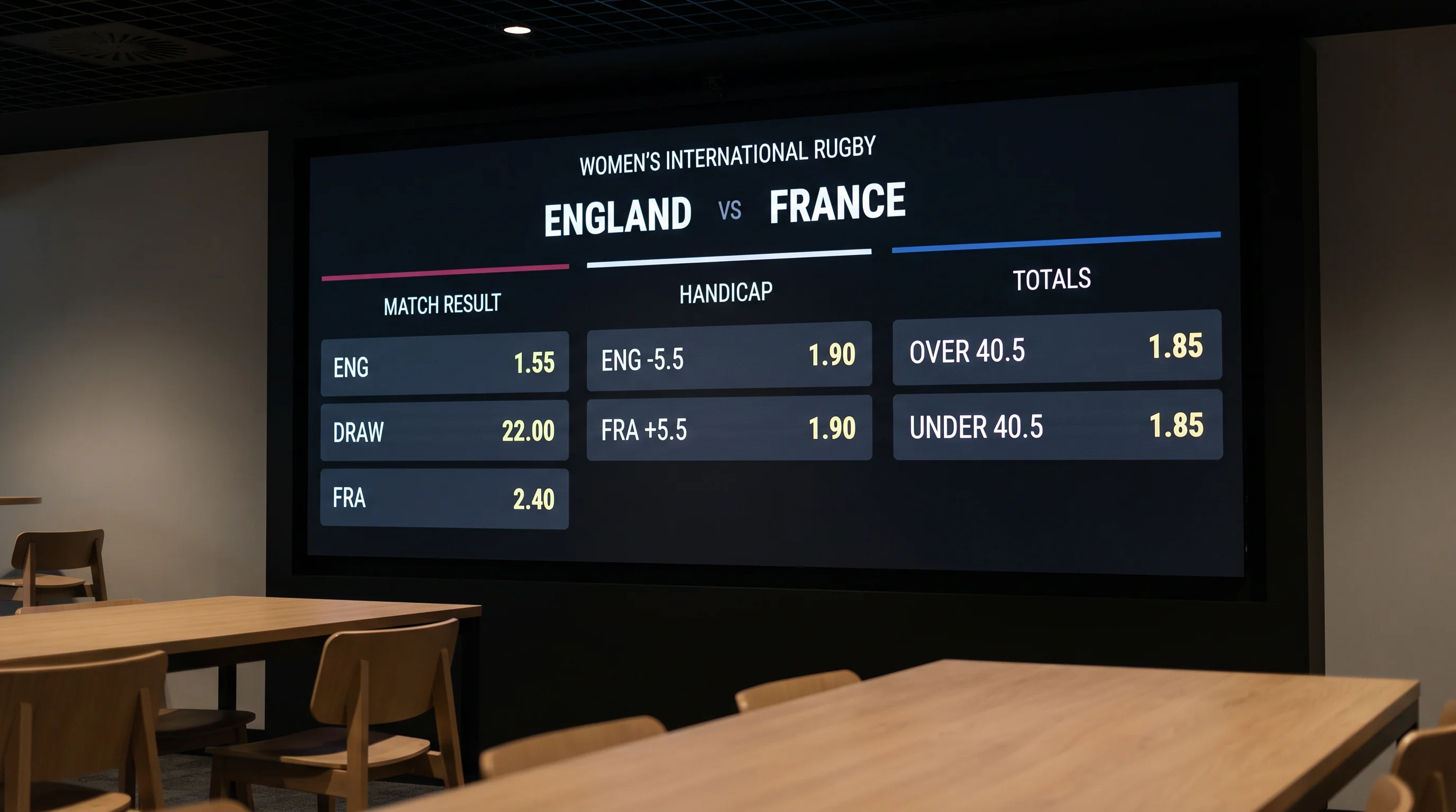 Sportsbook screen showing available betting markets for a women's rugby international
