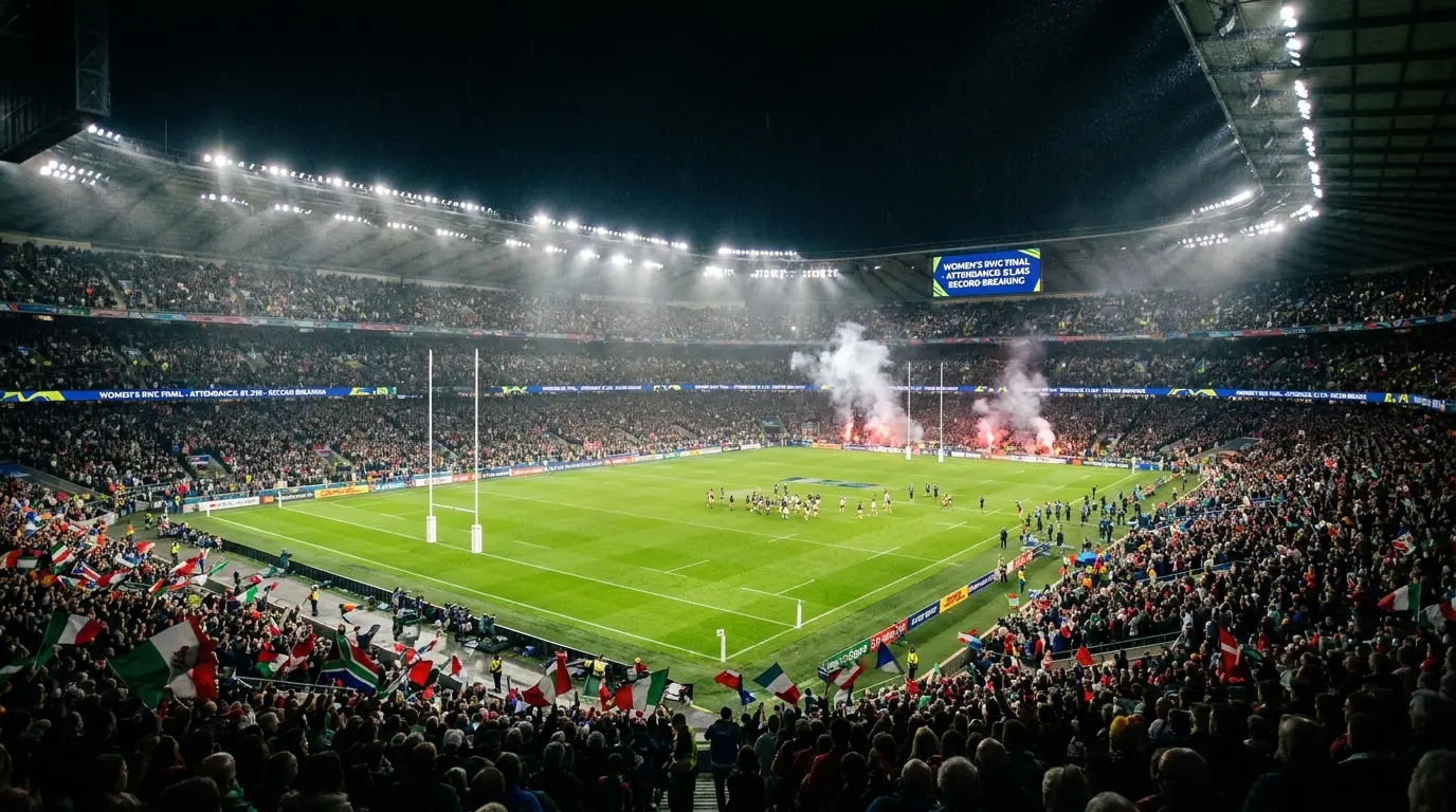Record-breaking crowd at a Women's Rugby World Cup match filling a large stadium