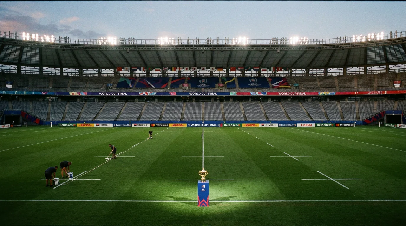 Empty Rugby World Cup final venue with the trophy presentation stage being prepared
