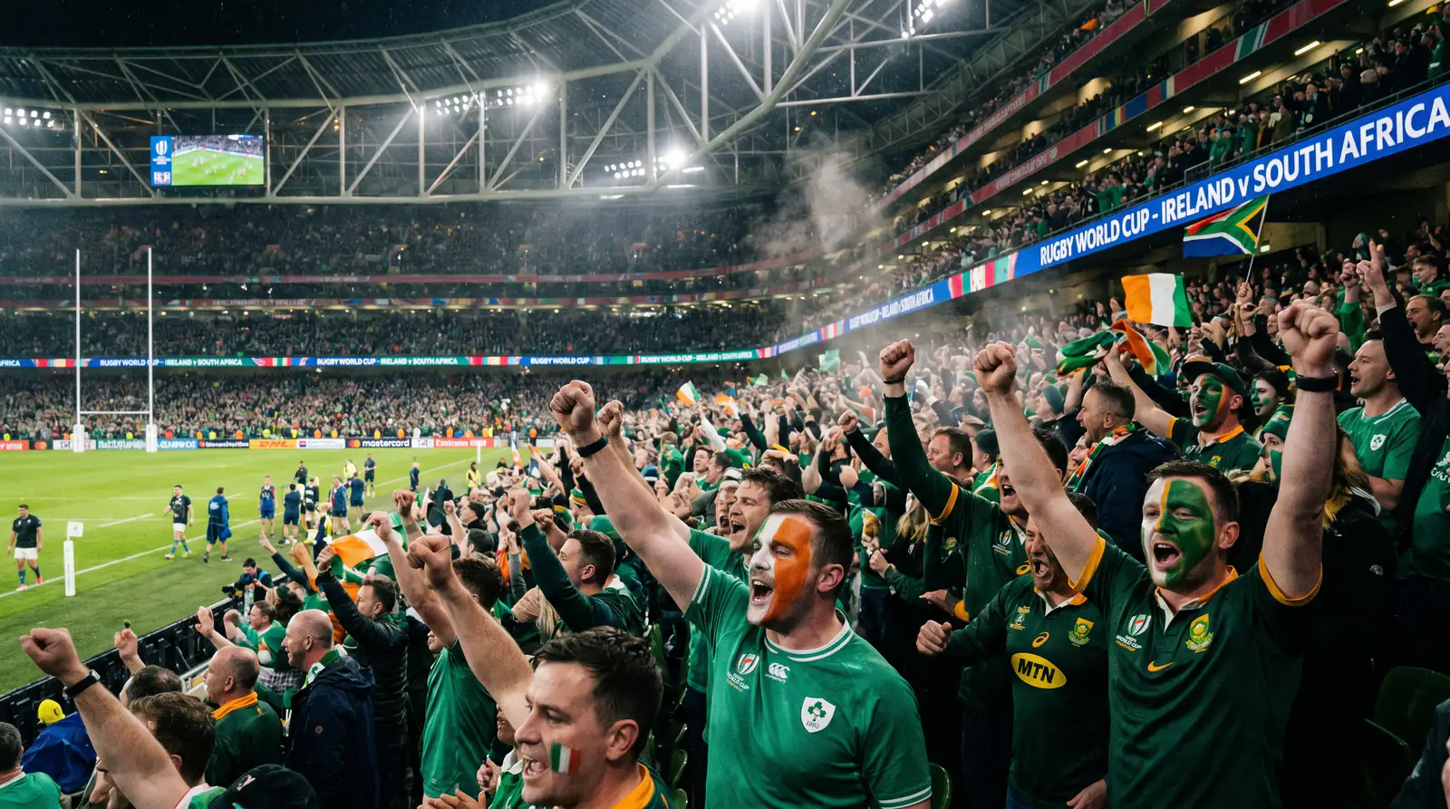 Passionate host nation fans cheering during a Rugby World Cup match