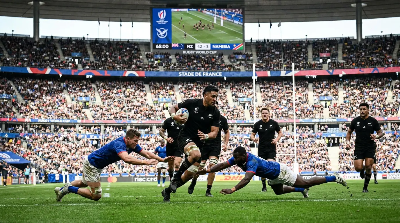 Rugby World Cup pool stage match with a wide scoreline on the stadium scoreboard