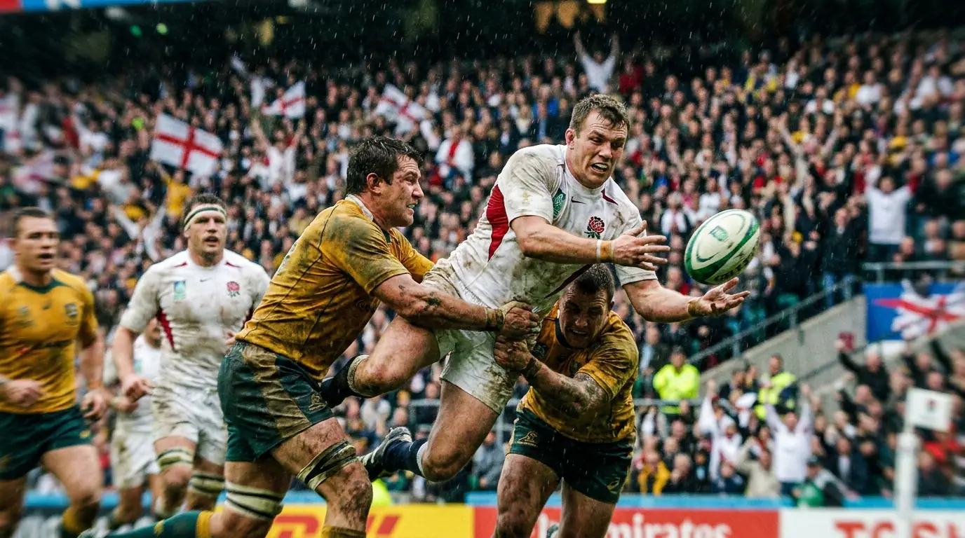 Intense Rugby World Cup quarter-final tackle with players colliding at full force
