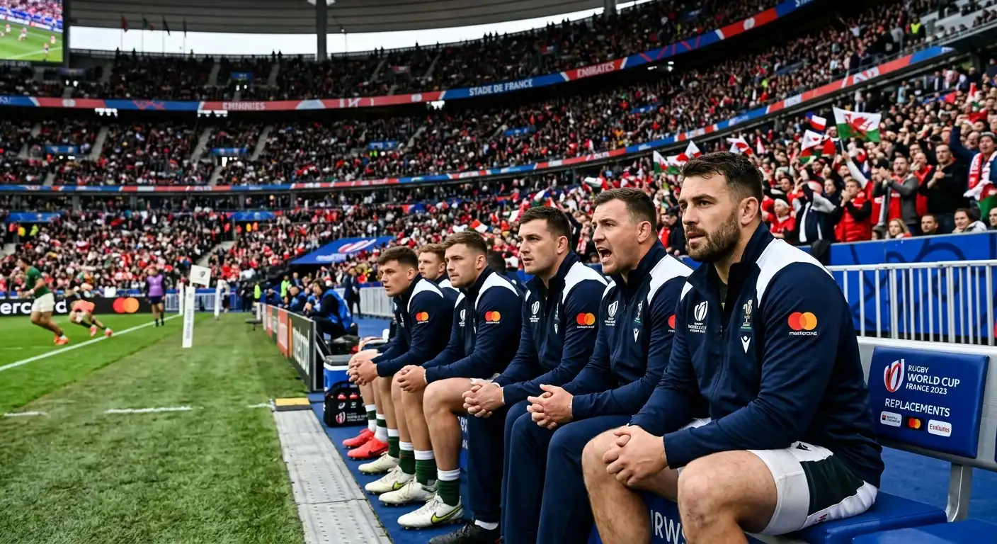 Rugby World Cup replacements bench with substitute players watching the match
